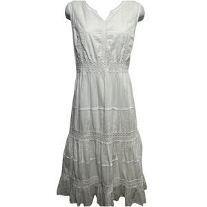 Serengeti Tiered Dress M White Sleeveless Smocked Layered Crochet Romantic